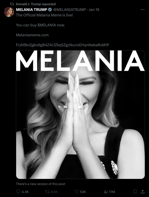 Screenshot of Melania Trump’s X post announcing the launch of her meme coin, $MELANIA, with the message: "The Official Melania Meme is Live!"